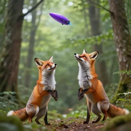 an enchanting forest, foxes stand on their hind legs, look at the sky and wave goodbye with their forelegs. there is a purple unidentified flying object in the sky. fantasy. realistic photo. very clear shots.
