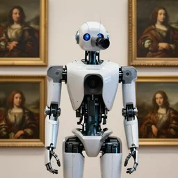 a professional photo of a robot with a camera. in the background several pieces of classical oil paintings.