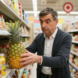 rowan atkinson as mr. beans stealing a pineapple from a target store, johnny english, black adder, focused face, realistic photo, uhd
