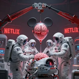 graphic art of dystopian futuristic 1 0 mechanic surgeons astronaut humans, operate on a dead mickeymouse!!! head balloon float brain exposed, held by a crane. ominous glowing red netflix!!! sign in the background, trending on art station, beeple!!, clean concept art, smooth, octane render, minimal