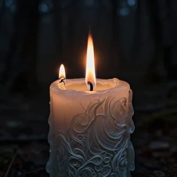 a candle with 3 flames in dark woods, eerie, high contrast, fine detail intricate elegant smooth sharp focus