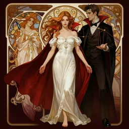 vampire witch, white dress, wavy hair, bare feet, puppet master, full body shot, dark red, Dan Mumford, Peter Mohrbacher, Alfons Mucha, antasy character, detailed illustration, hd, 4k, digital art, overdetailed art, concept art, trending on artstation