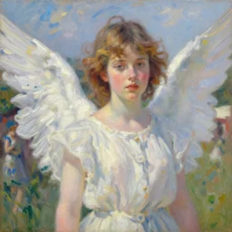 beautiful angel on outdoor festival in 1 9 6 9, photo realistic, light skin asymmetrical face, ethereal volumetric light sharp focus, oil on canvas in the style of renoir