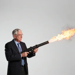 photo of Jerome Powell using a flamethrower projecting a long flame