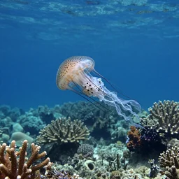 jellyfish underwater near the coral reef floating silently