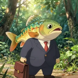anthropomorphic trout in suit with briefcase on way to work, business fish, miyazaki, fish face, studio ghibli, movie still, lush background, cinematic, detailed, anime