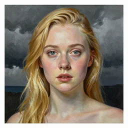 professional painting of Elle Fanning in the style of Fernand Toussaint, head and shoulders portrait, symmetrical facial features, smooth, sharp focus, illustration, intricate, stormy weather, extremely detailed masterpiece,
