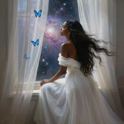 a beautiful young black woman with long flowing hair in a flowing white gown in looking out a window to see a sparkling nebula through gauzy curtains, blue morpho butterflies, highly detailed painting by gaston bussiere, craig mullins, j. c. leyendecker 8 k