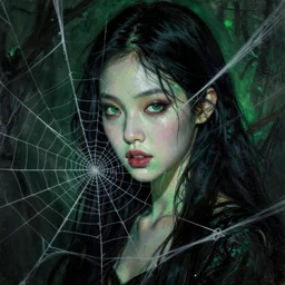 a beautiful terrifying painting dark gothic jennie kim blackpink close up woman in a spider web, green, and black hues by raymond swanland, gaston bussiere craig mullins alphonse mucha basil gogos norman rockwell takato yamamoto, jack kirby, ruan jia, roberto ferri, monet, by wlop, moebius syd mead roger dean