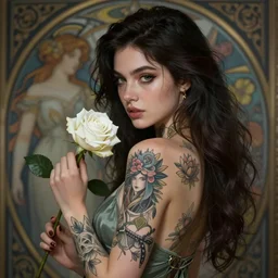tattooed attractive girl holding a white rose, deep focus, turnaround, highly detailed, digital painting, artstation, concept art, matte, sharp focus, illustration, hearthstone, art by artgerm and greg rutkowski and alphonse mucha.