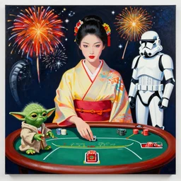 woman in a japanese kimono sitting at an extremely detailed poker table with yoda and startrooper, fireworks and stars, by andy warhol, by roy liechtestein, canvas, acrylic paint, saturated, ultra - hd