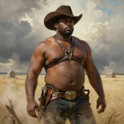 a beautiful dramatic epic painting of a thicc shirtless black man | he is wearing a leather harness and cowboy hat | prairie setting, dust clouds | homoerotic, highly detailed, dramatic lighting | by Mark Maggiori, by William Herbert Dunton, by Charles Marion Russell | trending on artstation