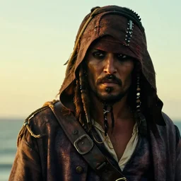 photo portrait of hooded, hood over face, hidden face, caribbean pirate with a brown coat with a roped on shoulder, rugged and dirty, cinematic lighting at sundawn, movie color grading
