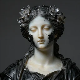 hyperrealism close - up mythological portrait of fractured dark obsidian statue of a beautiful medieval woman's fractured face blended with dark obsidian and crystallic flowers in style of classicism, pale skin, ivory make up, wearing black silk robe, dark and dull palette