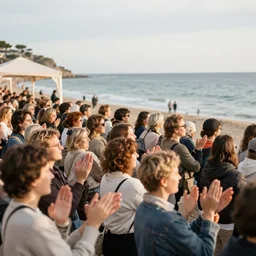 a crowd of french people are applauding on the beach, trending on artstation