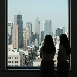 View from window on megapolis, silhouette of women who watches to the window, cinematic, photo real