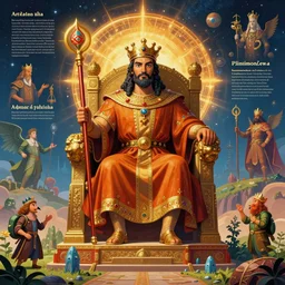 a majestic photograph of the king of agharta seated on his throne with the scepter of power, land of advanced races, hollow earth infographic with illustrations, vibrant colours, dynamic lighting, digital art, fantastically beautiful, illustration, aesthetically inspired by leonardo da vinci, trending on artstation, art by albrecht durer, konstantinas ciurlionis, sir john tenniel, 8 k