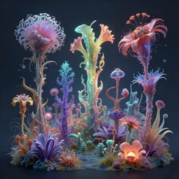 concept art. illustration. sci - fi. multicoloured strange weird plants and flowers from a different alien planet. high sci - fi. holographic, beautiful, ethereal