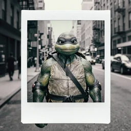 Beautiful Portrait Photograph polaroid of a ninja turtle in the middle of a New York street,  black and white