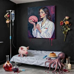 1 9 6 0 s hotel room with black walls and a futon, berry juice, dripping, a sensual portrait of a female pathologist holding a brain, a piglet, batteries ; intravenous drip, wilted flowers, pomegranate, octopus, pancakes, berries, surgical supplies, scientific glassware, candles, neo - expressionism, surrealism, acrylic and spray paint and oilstick on canvas
