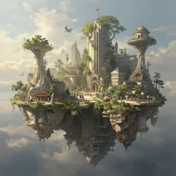 a beautiful render of a floating society by hubert robert and daniel merriam and roger dean and jacek yerka, alex grey style, soft lighting