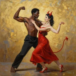 beautiful painting of black man and a female devil in red dress are dancing together by Wlop, fantasy matte painting, golden ratio, trending on cgsociety, cinematic, trending on artstation, highly detailed, vibrant