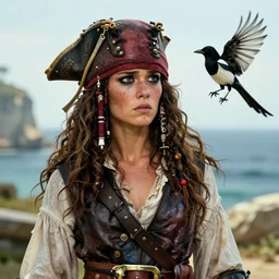 freckled mediterranean pirate girl, small bird black and white magpie, seaside backgroud, concern, worry, anxiety, longing, art for young adult fantasy novel, intricate, elegant, clean, well composed, highly detailed, assassin's creed iv, prince of persia, pirates of the caribbean, art by chengwei pan and viktoria gavrilenko and artgerm and greg rutkowski and alphonse mucha and josephine wall, trending on artstation