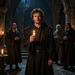 jesse eisenberg as an enigmatic medieval christian ( ( monk ) ) in a dark underground city. dark shadows, colorful, candle light, law contrasts, ( ( spotlight ) ) ) fantasy portrait by jakub rozalski, jan matejko, and j. dickenson