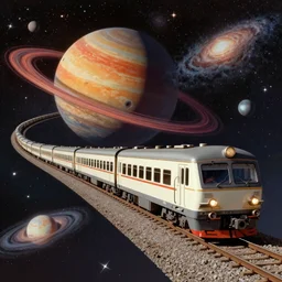 a train traveling through a solar system, planet, galaxy, stars, 1950s art deco, retrofuturism, edward hopper