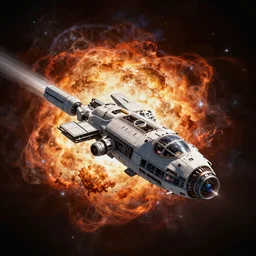 a spaceship fleeing an exploding planet, digital art