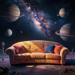 psychedelic trippy couch in space, planets, milky way, sofa, cartoon by henri matisse