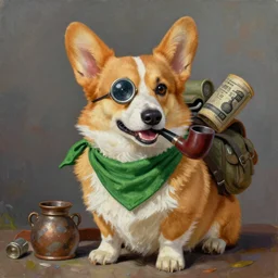 Anthropomorphic Corgie with Pipe in his mouth. He has a green scarf around his neck, a monocle up to his eye, and a backpack full of wares, oil painting, D&D Art, Fantasy, Vibrant, painting by Tyler Jacobson