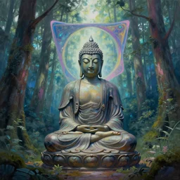 a buddha statue sitting in the middle of a forest, cyberpunk art by Alena Aenami, trending on cgsociety, metaphysical painting, tesseract, mystical ::
