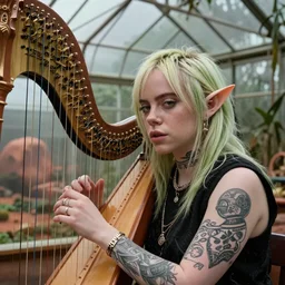 4k headshot sexy elf Billie Eilish playing a harp in a greenhouse on mars by Craig Mullins, ilya kuvshinov, krenz cushart, artgerm trending on artstation by Edward Hopper and Dan Mumford and WLOP and Rutkovsky, beksinski carl spitzweg moebius and tuomas kocar, intricate artwork by caravaggio, Unreal Engine 5, Lumen, Nanite