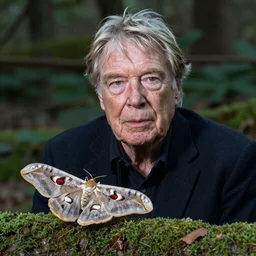 Sir David Attenborough in the woods with a small red-eyed Mothman