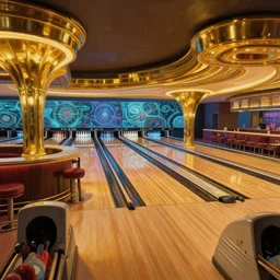 The interior of a beautiful art deco bowling alley, bar seating, bowling lanes, streamline moderne, shiny brass,  a sci-fi digital painting by Greg Rutkowski and James Gurney, trending on Artstation, highly detailed