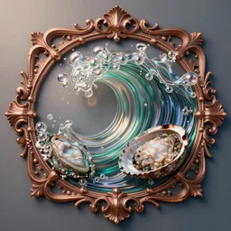 art nouveau cresting oil slick waves, abalone, paua shell, hyperdetailed bubbles in a shiny iridescent oil slick wave, ornate copper patina medieval ornament, rococo, organic rippling spirals, octane render, 8 k 3 d