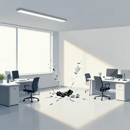 editorial illustration by karolis strautniekas and mads berg, office interior, very small shattered glass shards covering a broken laptop display, near a window window, fog, fine texture, detailed, muted colors, dramatic lighting, dynamic composition, vivid, orange + dark blue + black + beige