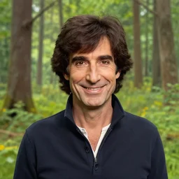 a portrait of bob ross painted in a forrest of happy trees
