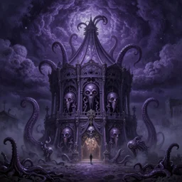 ultra realist soft painting of a curiosities carnival by night in loveraftian universe, horror, omnious sky, deep fog, tiny lurking tentacles, symmetry accurate features, very intricate details, purple metallic color palette, masterpiece award winning,, volumetric light clouds