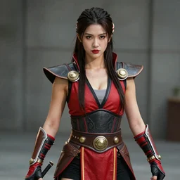 hot cosplay on scarlet from Mortal Kombat 11, high detail of the face, high detail, high modernization, ultra mega super hyper realistic, full body