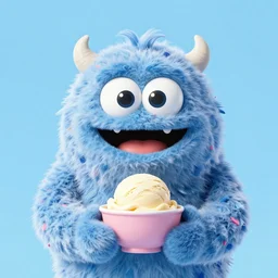 an adorable fuzzy puppet monster holding a bowl of icecream