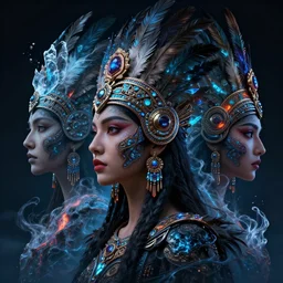 3 d mexican goddess profile portrait. beautiful intricate highly detailed quetzalcoatl mask and feathers. low - key lighting, bioluminescent, plasma, lava, ice, water, wind, creature, artwork by tooth wu and wlop and beeple and lee jeffries, 8 k trending on artstation,