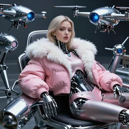 beautiful fantasy character portrait futuristic robotic girl, wearing pink puffy bomber jacket with white fur, seductive reclining pose, futuristic chrome drones, ultra realistic, dramatic lighting, robots, the fifth element artifacts, highly detailed by peter mohrbacher, hajime sorayama, wayne barlowe, boris vallejo, aaron horkey, gaston bussiere, craig mullins