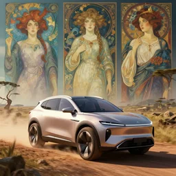 a concept suv designed by apple driving through madagascar, artgerm and greg rutkowski and alphonse mucha, an epic fantasy, volumetric light, detailed, establishing shot, an epic fantasy, trending on art station, octane render, midsommar