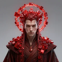 portrait of fantasy wizard with halo of red cubes intricate abstract. intricate artwork, by tooth wu, wlop, beeple, dan mumford. concept art, octane render, trending on artstation, greg rutkowski very coherent symmetrical artwork. cinematic, key art, hyper realism, high detail, octane render, 8 k, iridescent accents