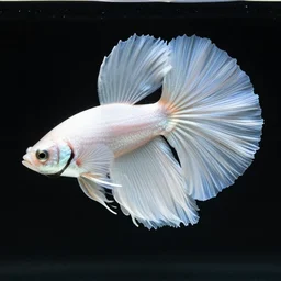a graceful iridescent white betta fish with long swirling fins, black-water-background, traditional Japanese painting, hiroshige, artstation, alphonse-mucha