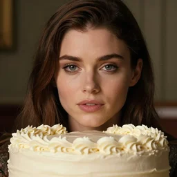of a cake with vanilla frosting which hides the face of kate mara, 4 k, hyperdetailed, photorealism