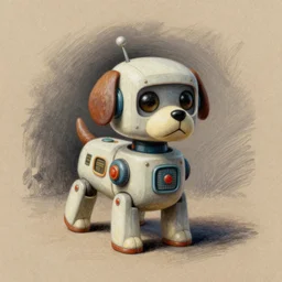 a detailed illustration of a cute retro robot dog, oil pastel on parchment, muted colors
