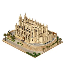isometric drawing of Palma de Mallorca, seen from the sky at night, highly detailed mallorca catedral and puig major as centerpiece , precision drawing, anime, award winning